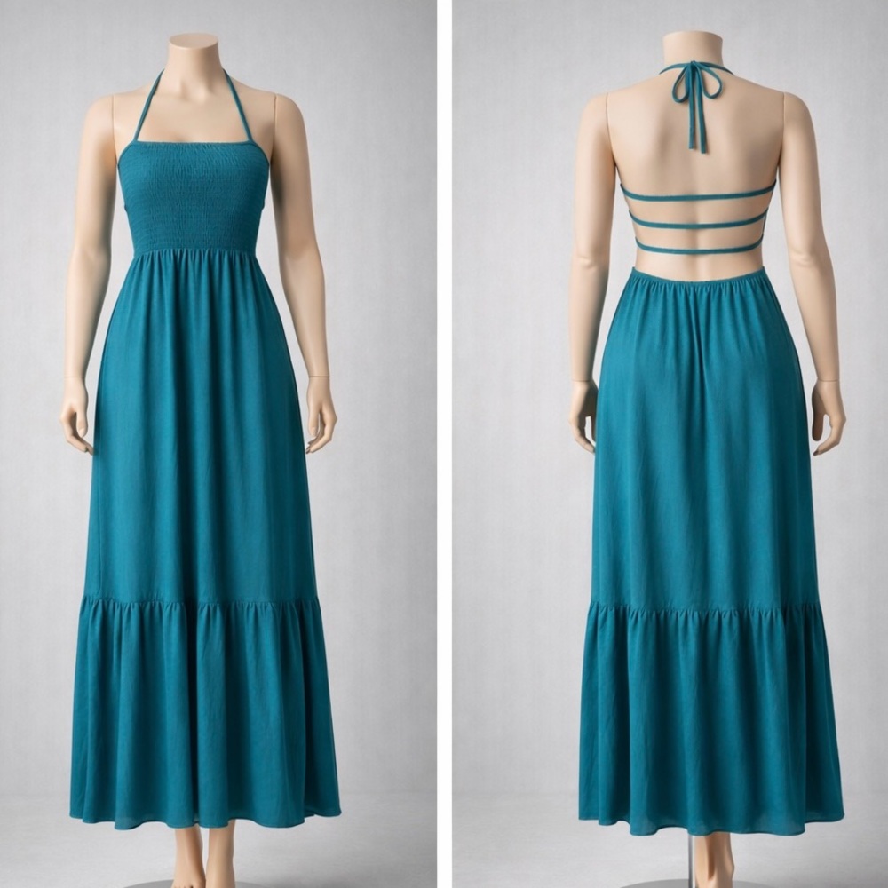 Teal Halter Maxi Dress with Smocked Bodice